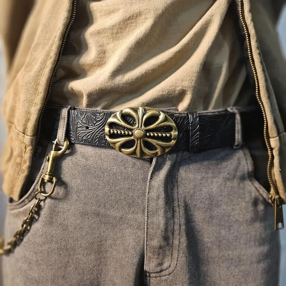 Belt Gothic Tooled Leather Cross Buckle Black (45 in) ✨